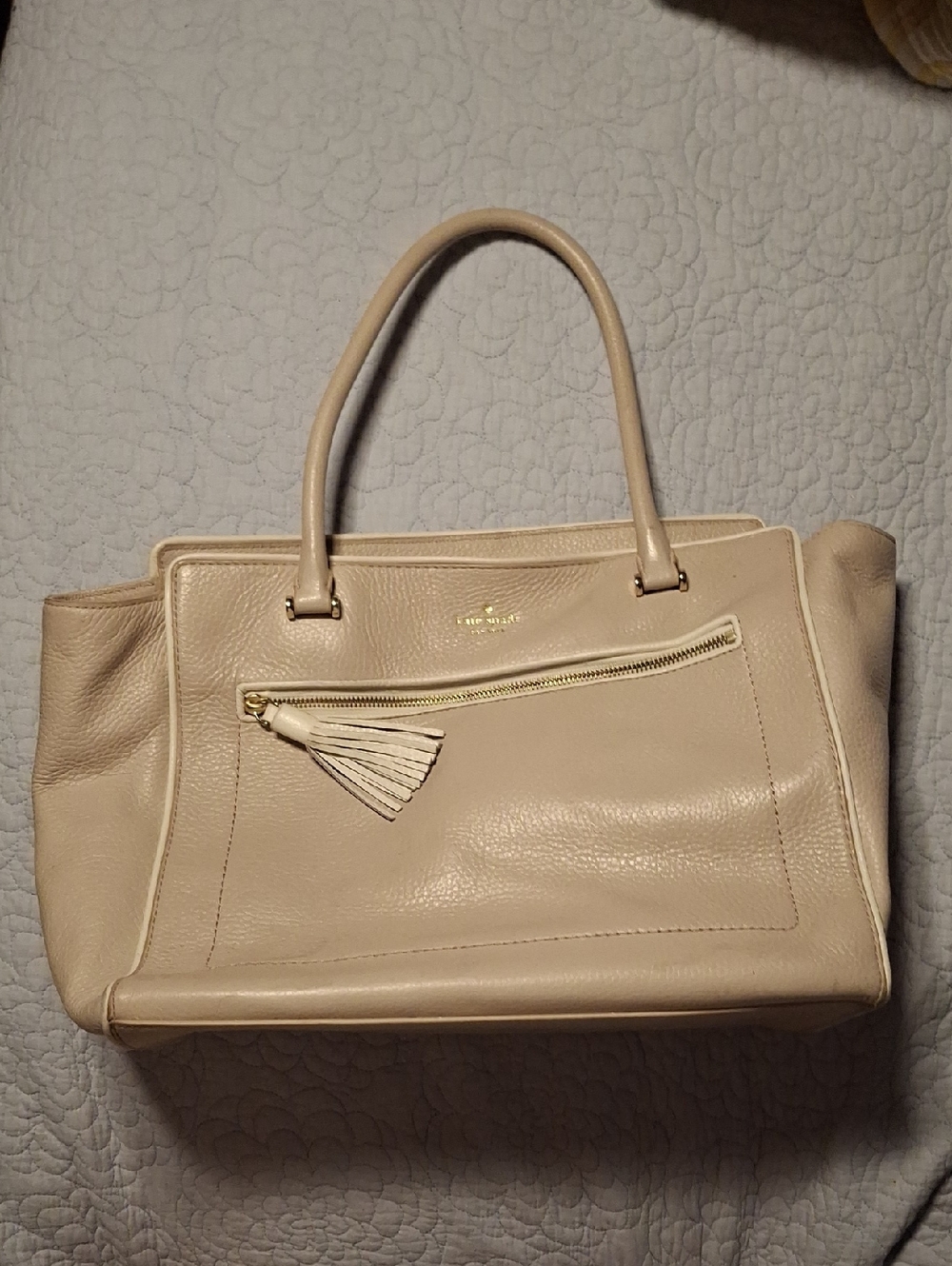 kate spade Cream Leather Tote with Tassel Zip Pocket